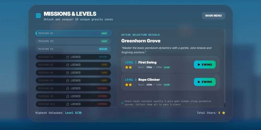mission levels screen