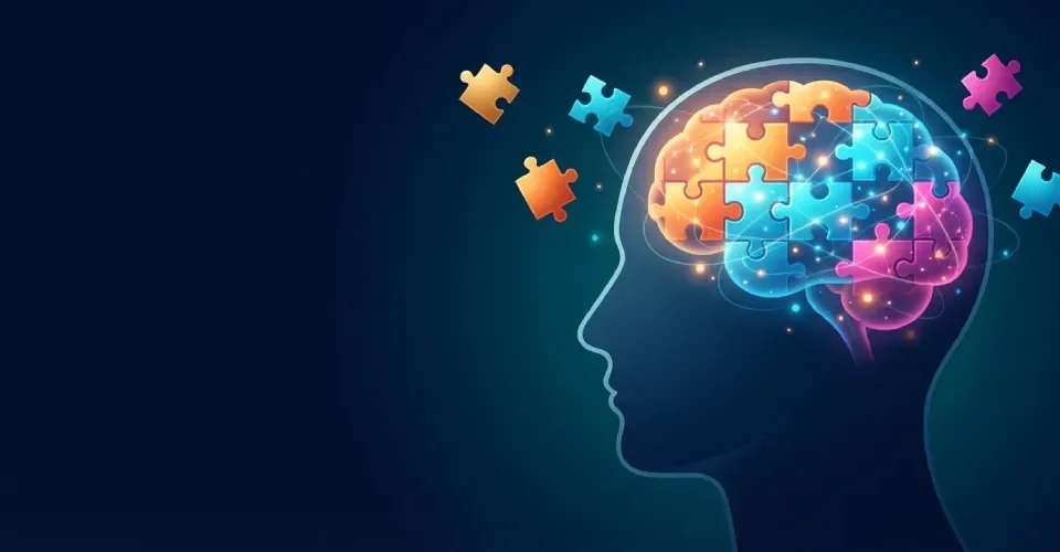 what do puzzles do to the brain: head with a jigsaw puzzle brain